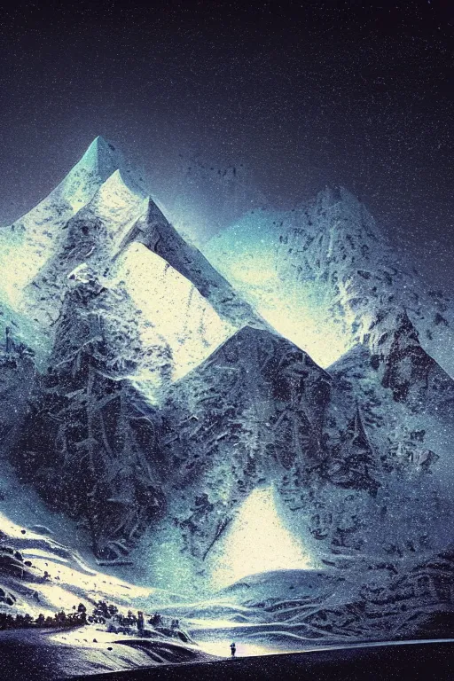 Image similar to a snowy mountain scene by arthur haas and bruce pennington and john schoenherr, cinematic matte painting in the style of glitch art, minimal modern pixel sorting, zaha hadid building, photo realism, neon lights, dark moody color palate,