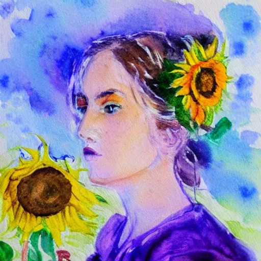 Image similar to molly sanden, watercolor, in the style of claude monet, beautiful face, sunflowers, award winning, hd, 4 k, purple, blue -