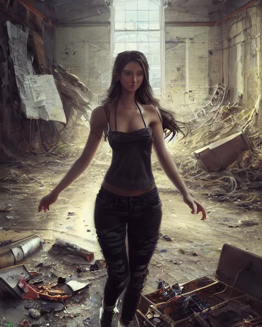 Image similar to daniel gerhartz and artgerm detailed portrait digital rococo painting of a beautiful woman wearing streetwear clothing, abandoned warehouse interior in the background, unreal engine, hyper realism, realistic shading, cinematic composition, blender render, octane render, hdr, detailed textures, photorealistic, ultrawide shot, 3 5 mm film
