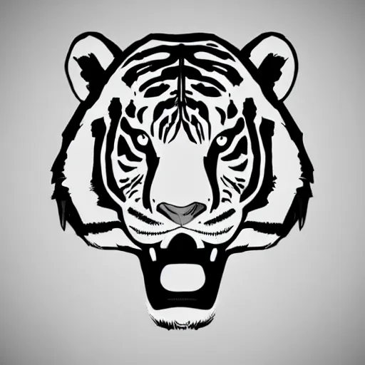 Prompt: logo simple sketch monochrome ink of a fearless african tiger head with angry ears, very aggressive mouth, lethal eyes