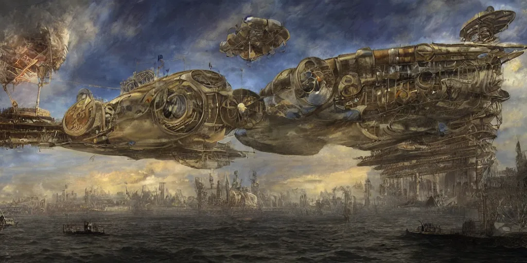 Image similar to a giant floating steampunk airship, by Mikhail Vrubel, trending on artstation