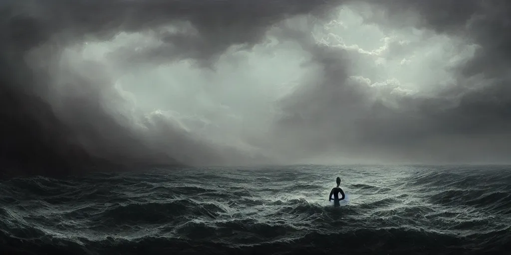 Prompt: Eldrich god rising out of the ocean, hyper realistic oil painting, dark, moody cinematic lighting, creepy, fog, storm clouds, by greg rutkowski, trending on artstation