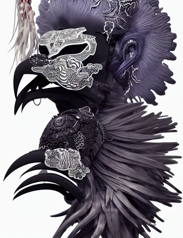 Image similar to 3 d goddess close - up profile portrait punk with mohawk with ram skull. beautiful intricately detailed japanese crow kitsune mask and clasical japanese kimono. betta fish, jellyfish phoenix, bio luminescent, plasma, ice, water, wind, creature, artwork by tooth wu and wlop and beeple and greg rutkowski