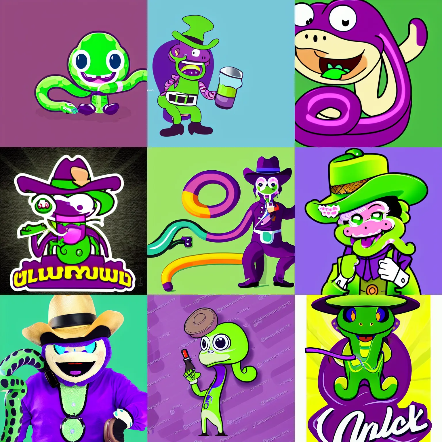 Prompt: UNCLE ALOYSIUS anthropomorphic purple green cowboy snake kawaii Japanese mascot logo, SIP TECH snake oil salesman on blank background