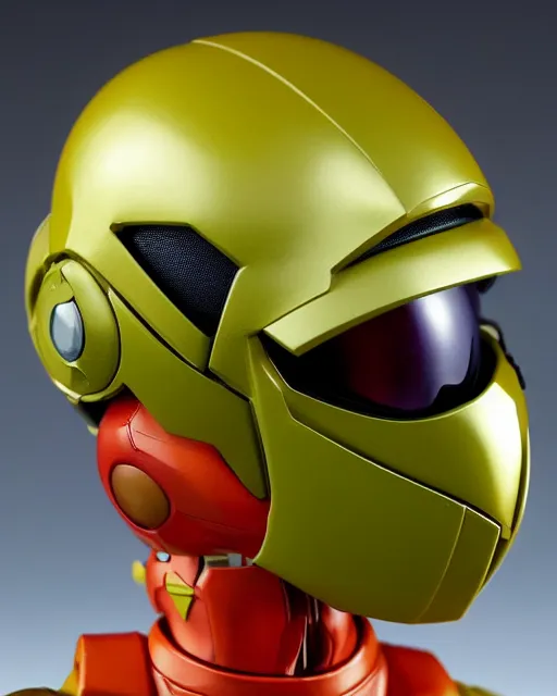 Prompt: helmet portrait of a figurine of samus aran's varia power suit from the sci - fi nintendo videogame metroid. designed by hiroji kiyotake, gene kohler and rodney brunet. metroid zero mission. metroid prime. glossy. red round helmet, orange shoulder pads, green visor. shallow depth of field. suit of armor.