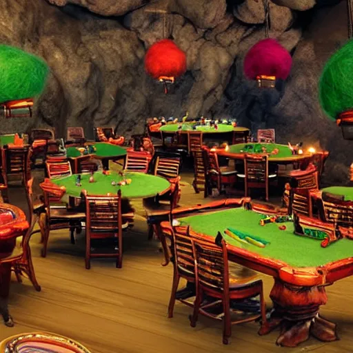 Prompt: You stand inside a bustling gnomish casino. Around the large cave, lit by suspended petchum lanterns, you see various large tables with green felted tops. Each table hosts games of both chance and strategy that the gnomes love. From a counter in the far left corner, Felcher presides over his establishment with pride.