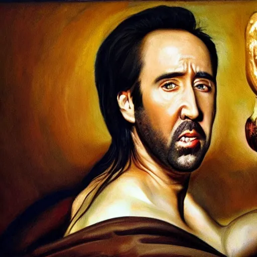 Prompt: highly detailed oil painting of nicolas cage inside of a banana, 4 k, in the style of caravaggio and dali