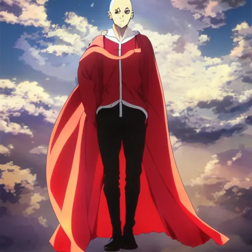 Prompt: anime key visual of a bald man with long sleeved light yellow shirt, a pair of red gloves, pair of red boots and a very white cape