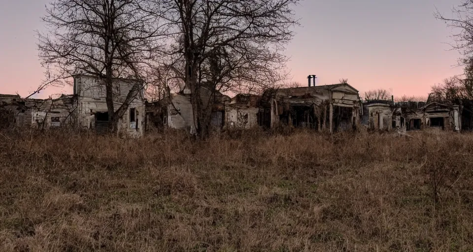 Prompt: a creepy decrepit abandoned town at dusk that seems haunted