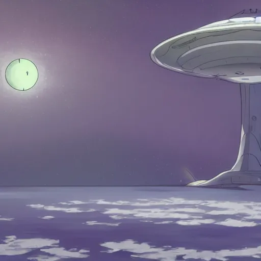 Image similar to an asymmetrical cell - shaded studio ghibli concept art study of a huge silver flying ufo in the sky. an elegant alien is greeting a middle eastern merchant on the ground. very dull colors,, hd, 4 k, hq