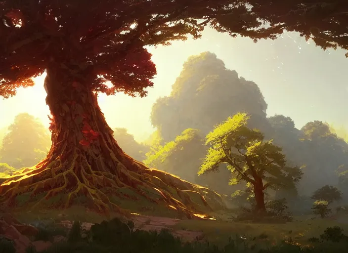 Image similar to concept art painting of a giant oak tree surrounded by forest and mountains, realistic, by makoto shinkai and moebius and anton fadeev and greg rutkowski and james gurney