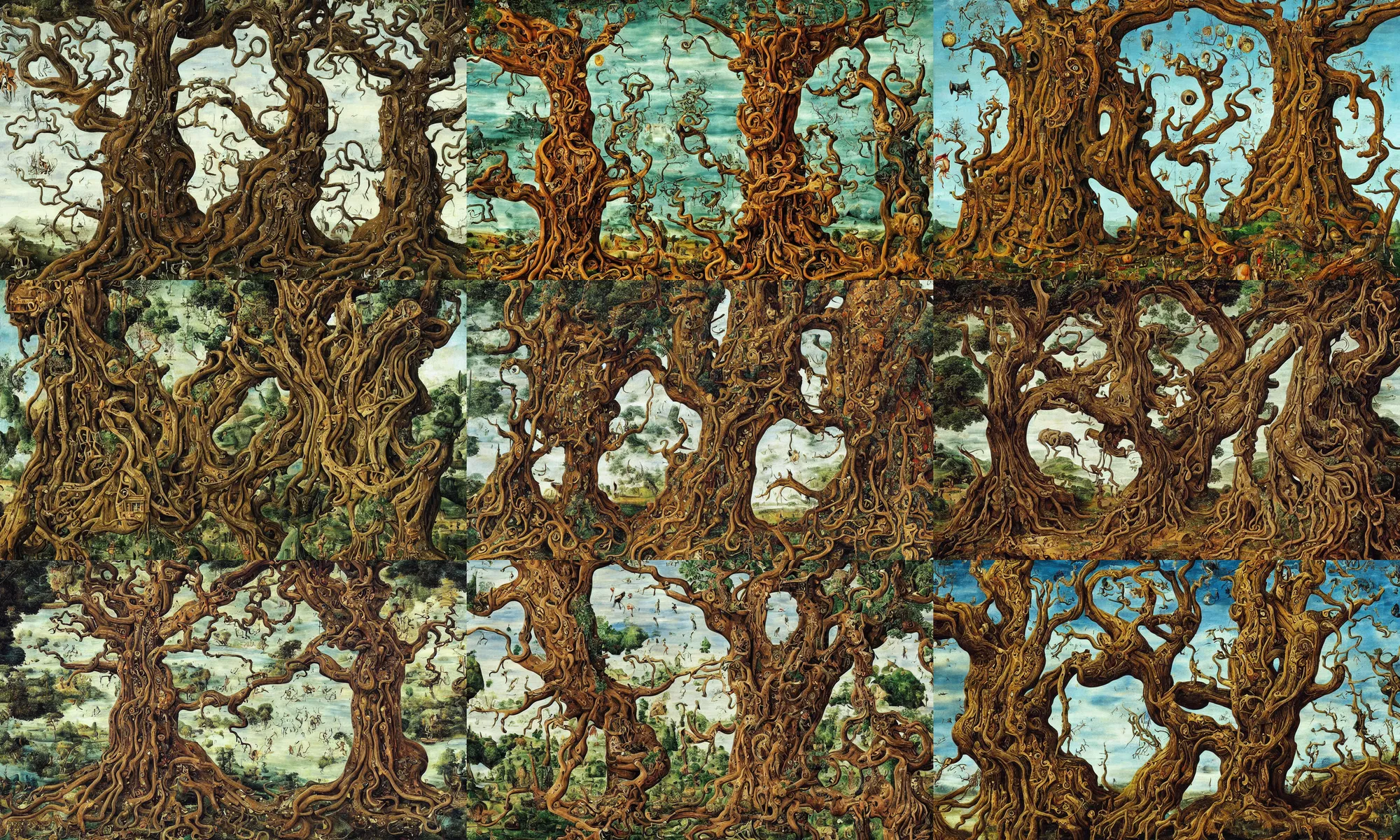 Prompt: an incredibly detailed masterpiece painting of a giant tree by bosch and dali, ornate, beautiful, bold colors, detailed, high resolution, wow!, intricate