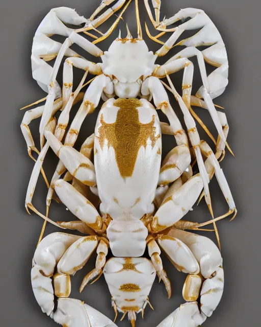 Image similar to white calacatta gold marble, white and gold kintsugi, white marble bas relief carving, feminine, crabs, spiders, scorpions, tarantulas, carving by hr geiger, stunning, highly detailed, intricately detailed, octane, 8 k, trending on artstation