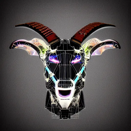 Prompt: cybernetic evil goat head merged with complex circuitry and machinery