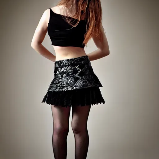 Prompt: teen goth girl in mini skirt and crop top, intricate, extremely detailed, modeling photography, teen