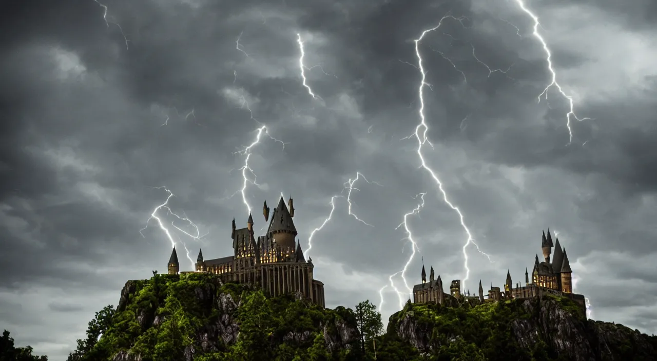 Image similar to slytherin harry potter flying with his wand forward. hogwarts castle and lightning strikes in the background. bad weather