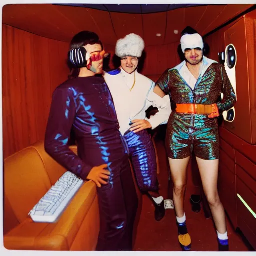 Image similar to first-person perspective view of three people wearing discowear having a party inside of a 1970s luxury cabin with a soviet computer console on the wall, ektachrome photograph, f8 aperture