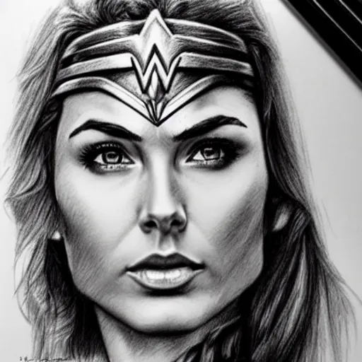 Image similar to highly detailed pencil sketch of wonder woman, hyperrealistic, photorealistic, artstyle, highly detailed, sharp