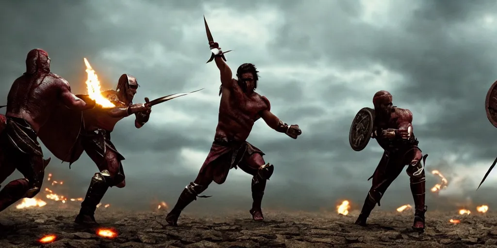 Image similar to epic battle screen of hero, film still from the movie'3 0 0'( 2 0 0 6 ), 3 d, 8 k realistic, cryengine, playstion 5 screen, cinematic lighting