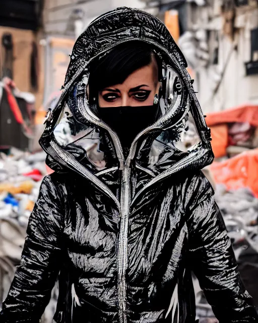 Image similar to detailed portrait guard woman with shaved head seen from the back, cyberpunk futuristic, reflective puffer jacket, black leggings, decorated with traditional ornaments in front of a dystopian crowd with piles of garbage perfect face, fine details, realistic shaded, fine - face, pretty face