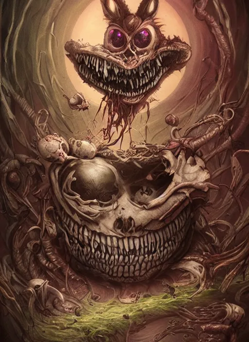 Image similar to Angry Cheshire Cat brewing tea, Death Tarot card,highly detailed,half skull face,cinematic,8k,by Stanley Artgermm,Tom Bagshaw,Greg Rutkowski,Carne Griffiths, Ayami Kojima, Beksinski, Giger,trending on DeviantArt,hyper detailed,horror, full of colour