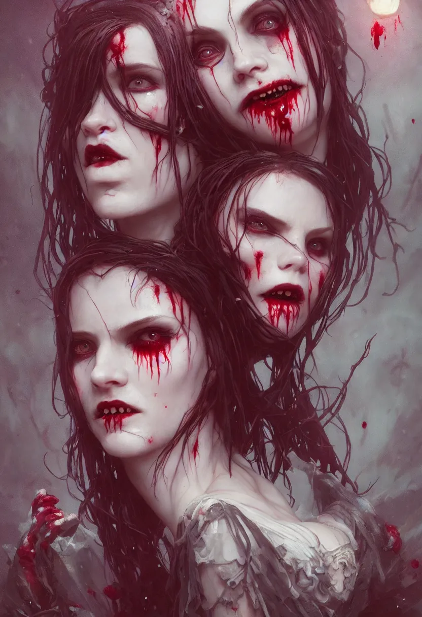 Prompt: beautiful, very very very extreme closeup portrait, bloody, vampire girl, extreme blood, vampire fangs, medieval dress. witch, makeup. unreal engine, greg rutkowski, loish, rhads, beeple, tom bagshaw, alphonse mucha, global illumination, detailed and intricate environment