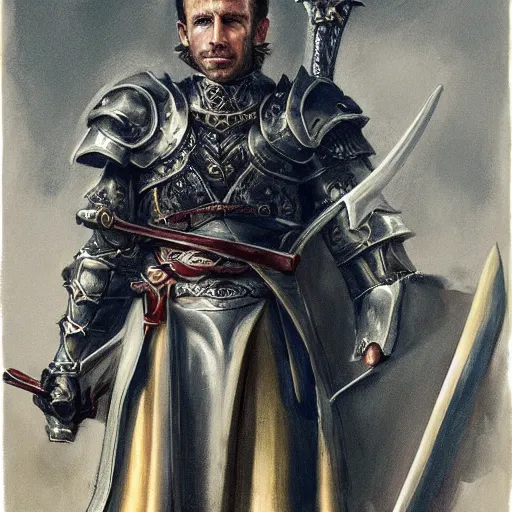 Image similar to portrait of Emmanuel Macron in fantasy armor with a large sword resting on his shoulder, realistic, detailed, cinematic light, art of D&D