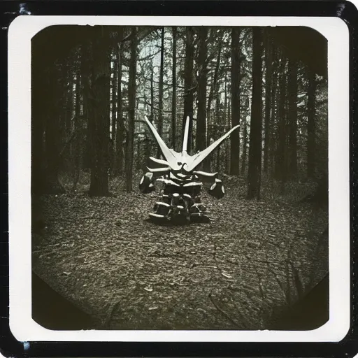 Image similar to polaroid photo of a unicron! in a forest in the 1 9 6 0 s