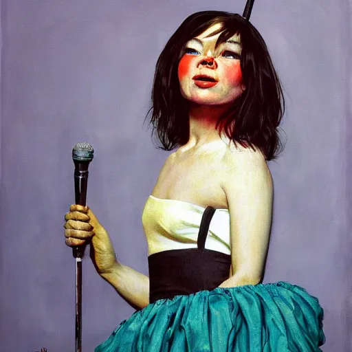 Prompt: a portrait painting of Bjork. Painted by Norman Rockwell