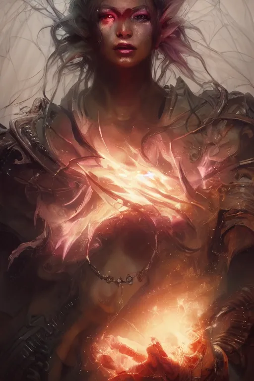 Image similar to torso closeup beautiful girl necromancer, witch - doctor exploding into space casting spell, angels, 3 d render, hyper - realistic detailed portrait, holding fire and electricity, ruan jia, wlop. scifi, fantasy, magic the gathering, hyper detailed, octane render, concept art, peter mohrbacher