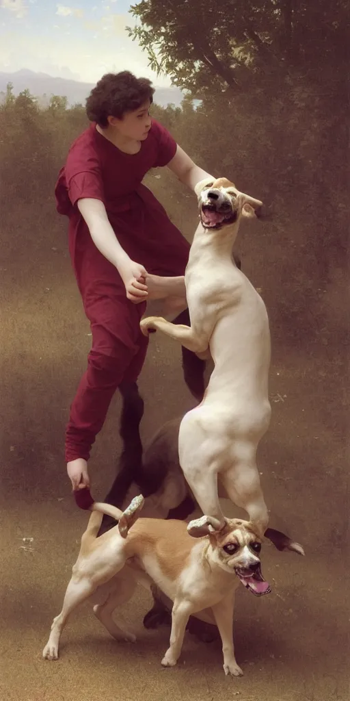 Image similar to funny stupid dog tries to bite its own tail. regal, realistic, refined, detailed digital art, oil painting, william - adolphe bouguereau, art frahm, esao andrews, highly detailed, cinematic lighting, unreal engine, 8 k, hd extremely detailed. 4 k. award winning. ultra realistic photo.