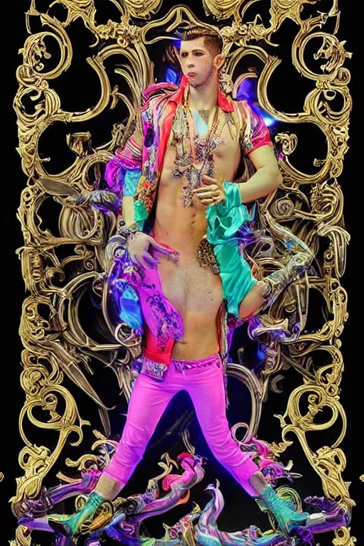 Prompt: full-body bladerunner neon rococo style sculpture of a handsome Spanish Nick Jonas as a half cibernetic android with a chest opening exposing circuitry and electric sparks, glowing laser beam eyes, crown of giant diamonds, flowing neon-colored silk, fabric, raptors. baroque elements. full-length view. baroque element. intricate artwork by caravaggio. many many birds birds on background. Trending on artstation, octane render, cinematic lighting from the right, hyper realism, octane render, 8k, depth of field, 3D