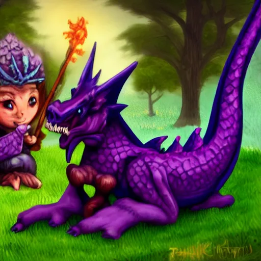 Image similar to purple dragon tames a gnome, fantasy illustration