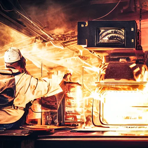 Image similar to cyborg toaster oven repairman, dark messy smoke - filled cluttered workshop, dark, dramatic lighting, orange tint, sparks, plasma rays, cinematic, highly detailed, sci - fi, futuristic, movie still