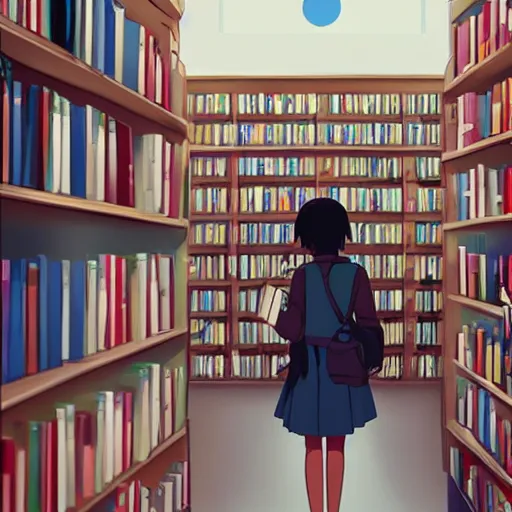 Image similar to At the end of the world, a high school girl browsing in a bookstore, Makoto Shinkai style