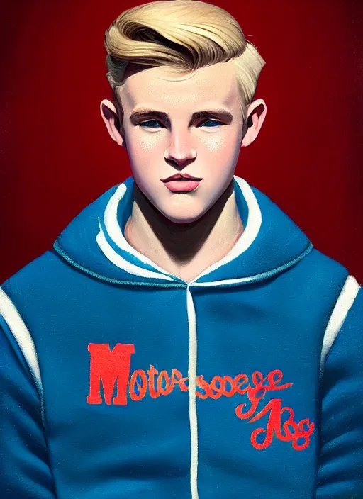 Image similar to portrait of a high school senior boy named moose mason, blonde short hair, jock, beefy, square jaw, square facial structure, 1 9 5 0 s, blue varsity jacket, intricate, elegant, glowing lights, highly detailed, digital painting, artstation, concept art, smooth, sharp focus, illustration, art by wlop, mars ravelo and greg rutkowski