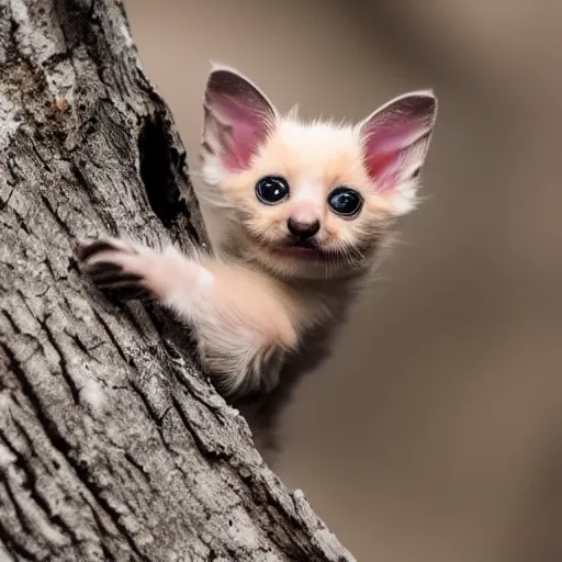 Image similar to a bat kitten, in a tree, Canon EOS R3, telephoto, very detailed, 4k