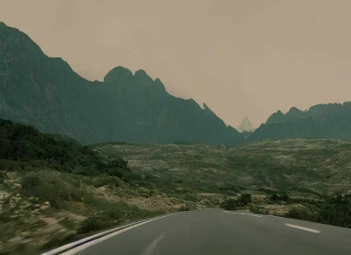 Image similar to A very high resolution image from a new movie, landscape from a car window , mountains, raining, hot, directed by wes anderson