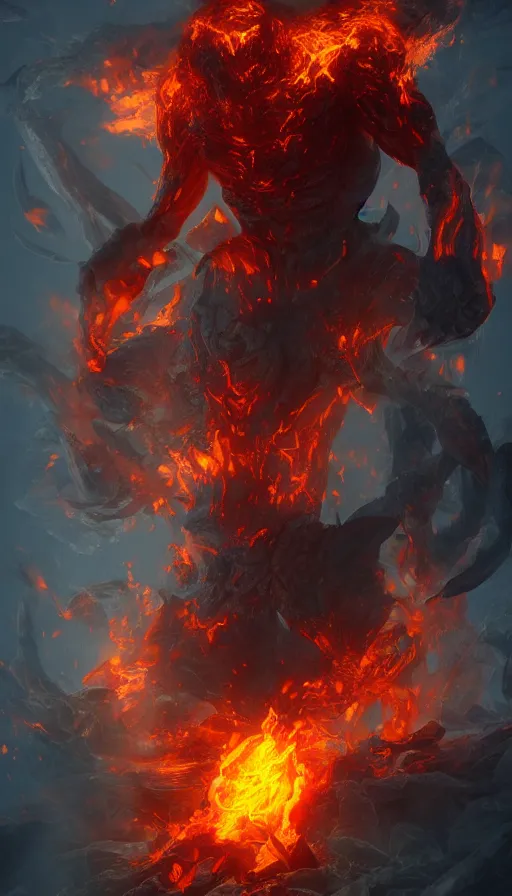 Prompt: fire elemental, man figure, flat background, man body, full body, intricate, beautiful, pathfinder, epic painting, paint texture, uplight, octane rendered, 8k, highly detailed, 3d render, unreal engine, concept art, illustration