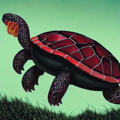 Prompt: highly detailed art of a huge black and red turtle exuding heat from its shell and breathing black flame from its mouth