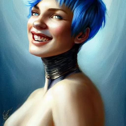 Image similar to a beautiful painting of a smiling woman with stylish short blue hair and sparkling blue eyes in a rustic saloon representative of the art style of artgerm and wlop and peter mohrbacher