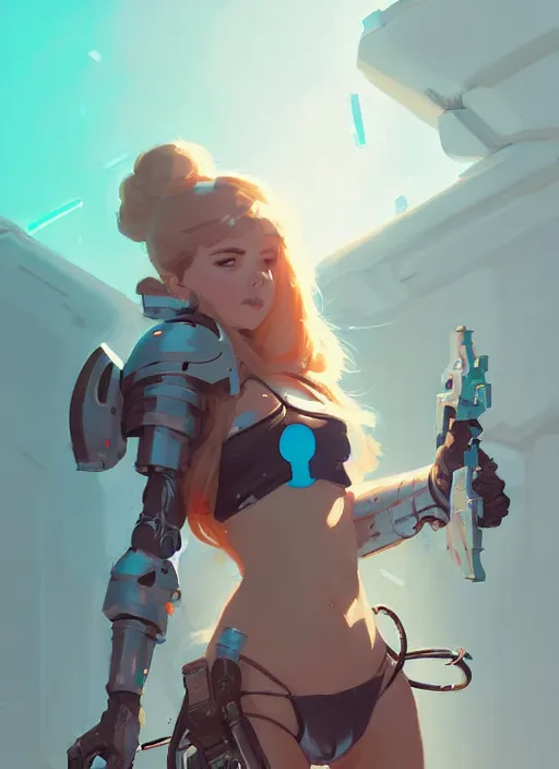 Image similar to portrait of cute girl in cyber bikini armor, warhammer, by atey ghailan, by greg rutkowski, by greg tocchini, by james gilleard, by joe fenton, by kaethe butcher, dynamic lighting, gradient light blue, brown, blonde cream and white color scheme, grunge aesthetic