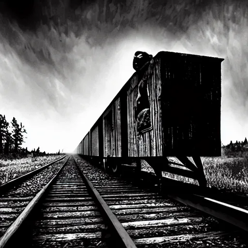 Prompt: the disembodied spirit of a dangerous railroad demon, Boxcar on the railroad, atmospheric and depressed, Cinematic, film still from a horror movie