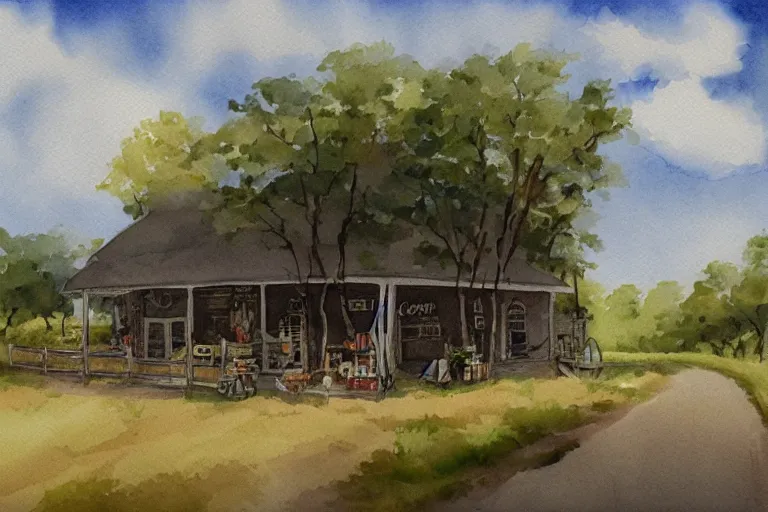 Prompt: country road store goose watercolor trending on artstation