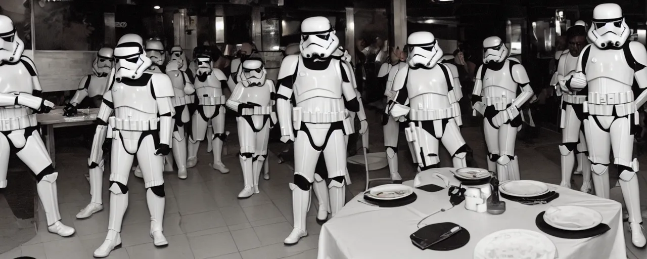 Prompt: Storm troopers out for dinner, the last supper, cinematic still frame, 80s, cinematography, anamorphic lens, kodak color film stock