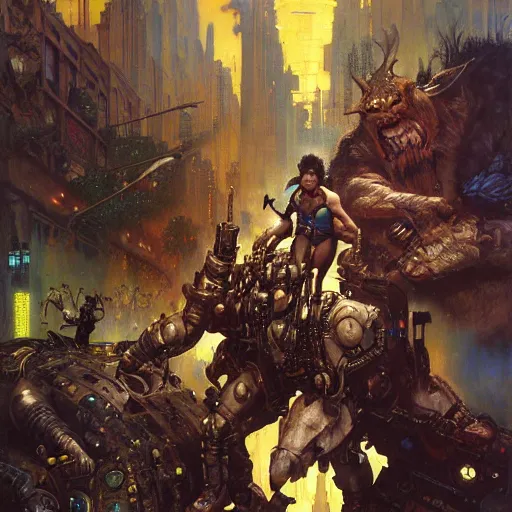 Image similar to rocksteady. shadowrun furaffiniy cyberpunk fantasy highly detailed painting by gaston bussiere craig mullins jc leyendecker gustav klimt artgerm greg rutkowski john berkey, bergey, craig mullins, ruan jia, raymond swanland, jeremy mann, tom lovell, alex malveda