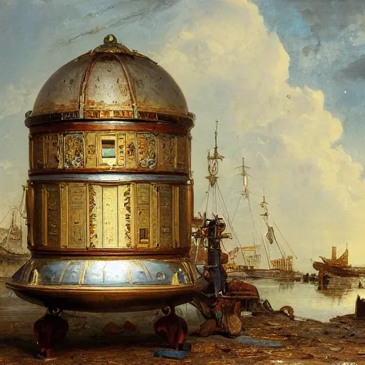 Image similar to detailed painting of a living capsule architecture with satellite, filigree ornaments, andreas achenbach