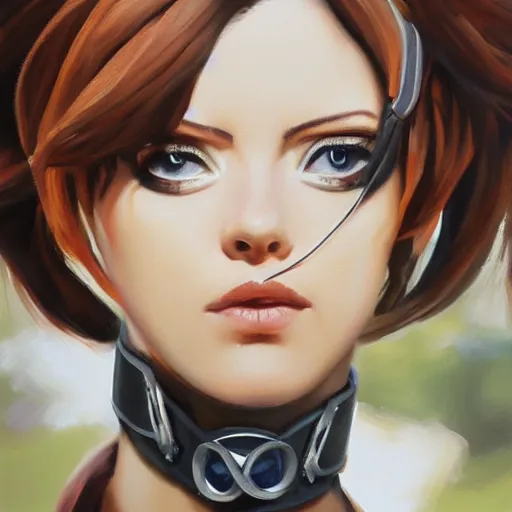 Image similar to oil painting of tracer overwatch in a field wearing very large leather belt choker collar around neck, in style of mark arian, expressive face, very detailed face, very detailed eyes, full body, feminine face, tracer overwatch,