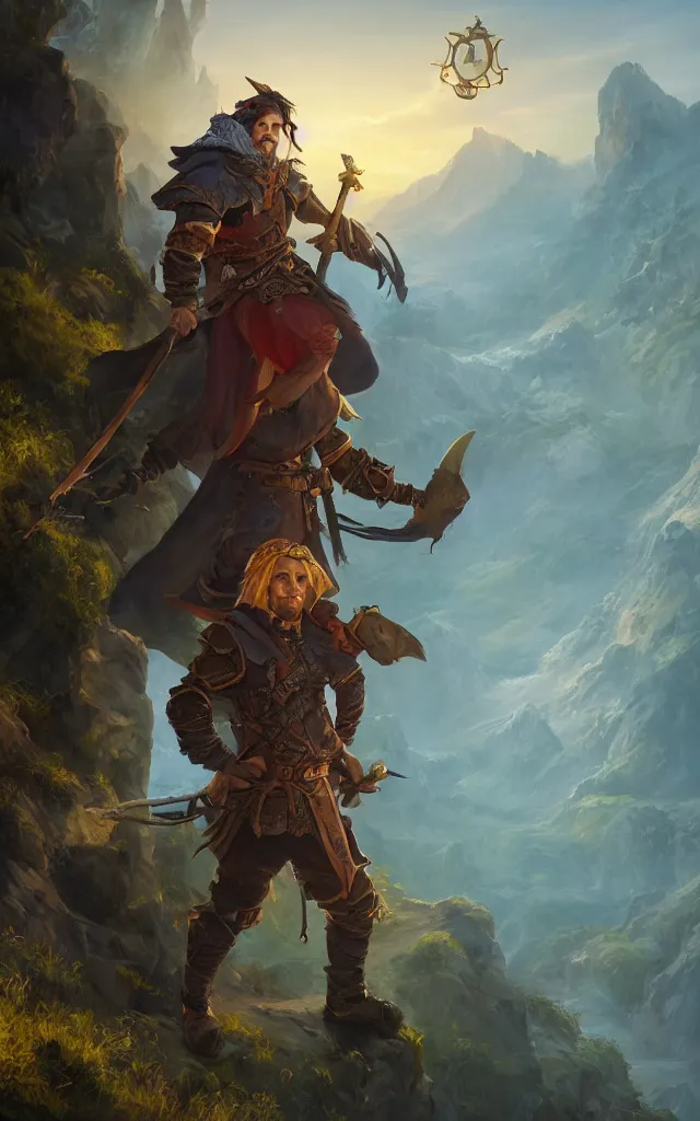 Prompt: an oil art painting of young handsome fool adventurer, grim gwent card, gipsy mage adventurer character design from inquisition, climbing up a cliffside, 4 k, ultra detail, volumetric lighting, unreal engine, octane render