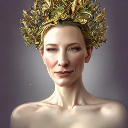 Image similar to Portrait of cate blanchett wearing a floral crown, olive skin, long dark hair, beautiful bone structure, shiny gold background, intricate, elegant, highly detailed, digital painting, artstation, concept art, smooth, sharp focus, illustration, art by artgerm and greg rutkowski and alphonse mucha